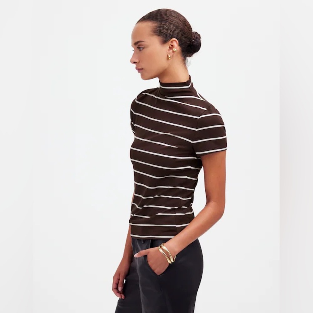 Madewell Brown and White Striped Short Sleeve Mock Neck Tee